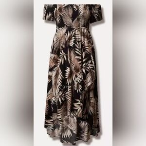 torrid Black Maxi Dress with Taupe Leaf Print Off-Shoulder